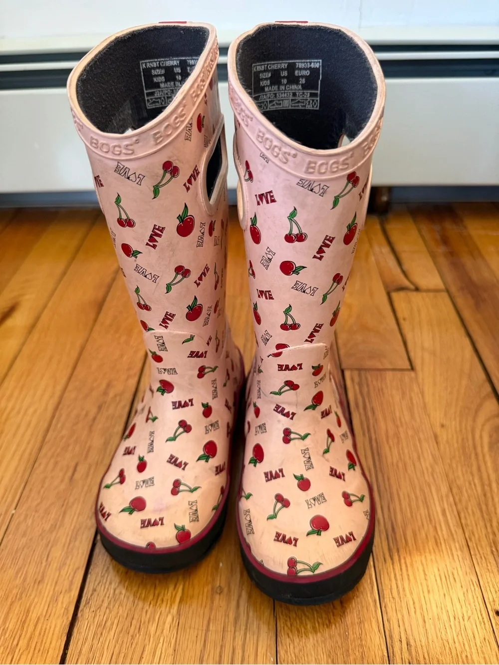 Bogs Kids Pink Cherry Handle Rain boots size 10